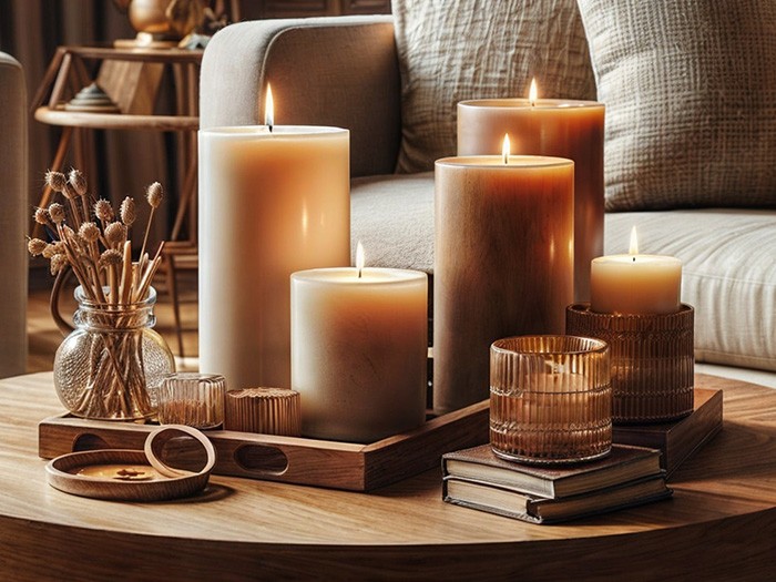 A coffee table decorated with glowing candles of varying shapes and sizes.